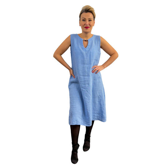 Rochie albastră de in cu mărgea -k1