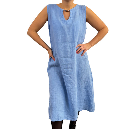 Rochie albastră de in cu mărgea -k1