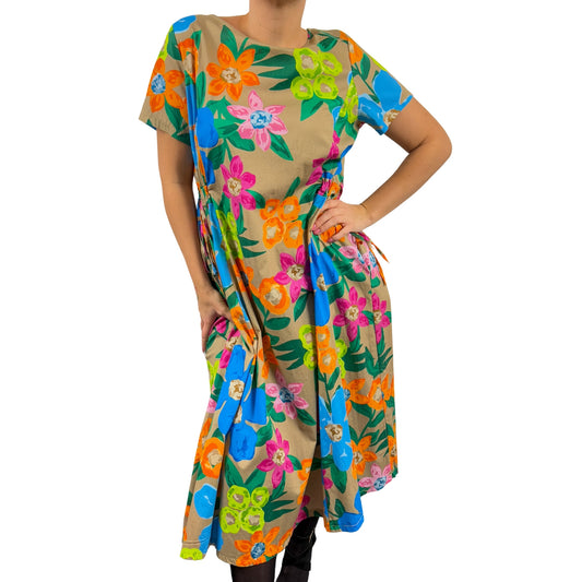 Rochie bej cu flori albastre -k1