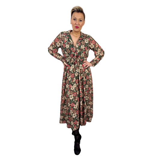 Rochie kaki midi cu imprimeu floral -k1