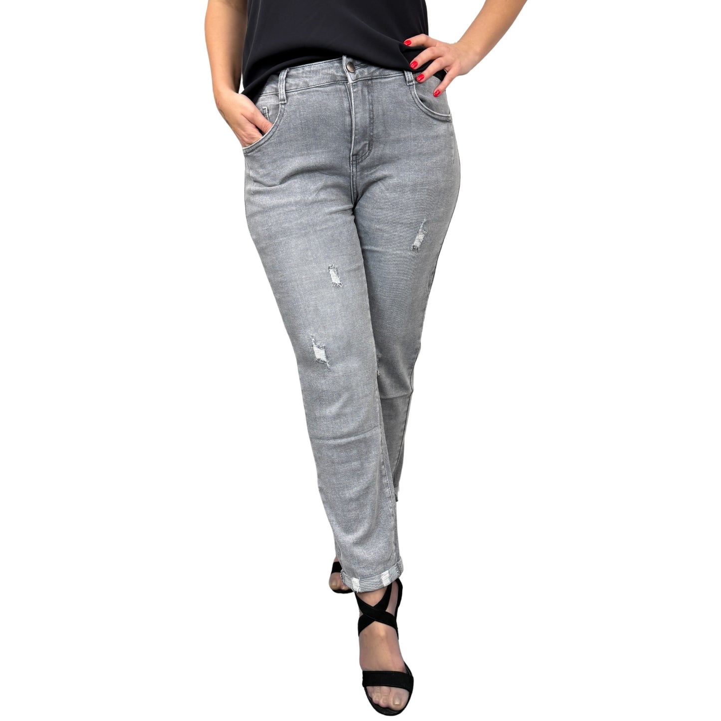 Blugi gri mom fit cu talie înaltă -k1