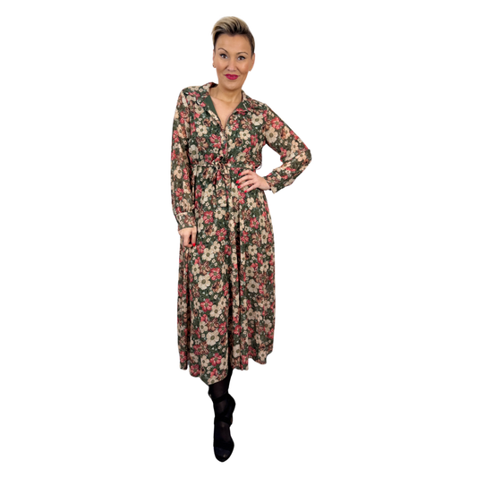 Rochie kaki midi cu imprimeu floral -k1