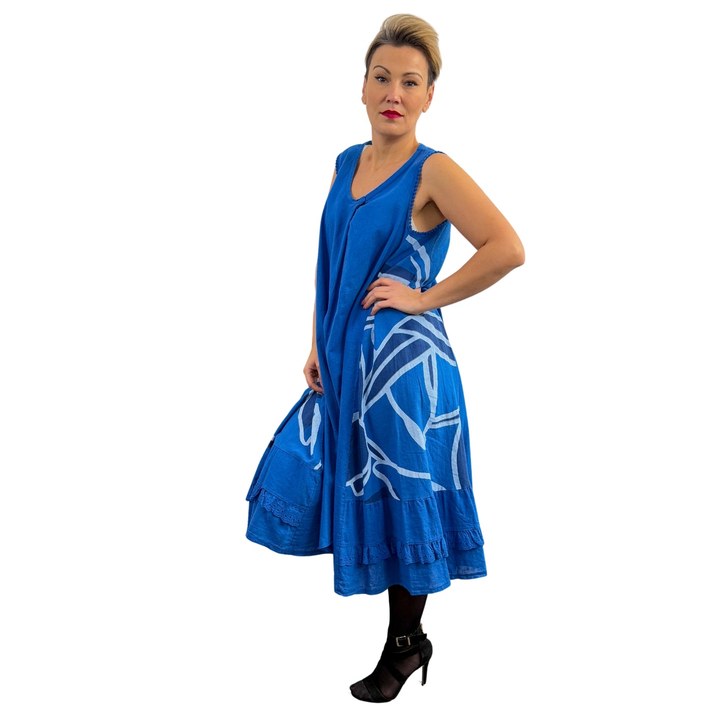 Rochie albastră de in în linie A -k1