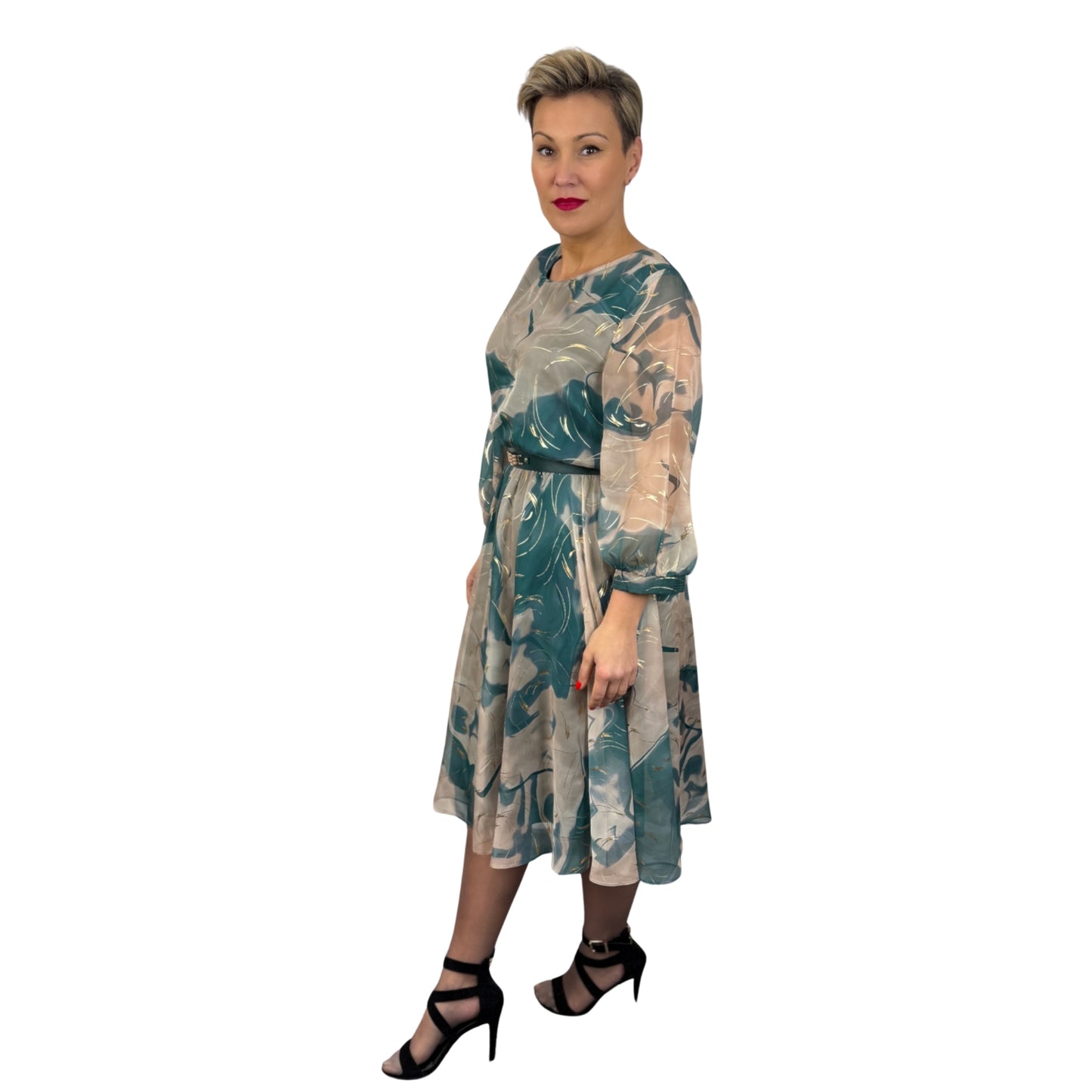 Rochie verde cu auriu de voal -k1