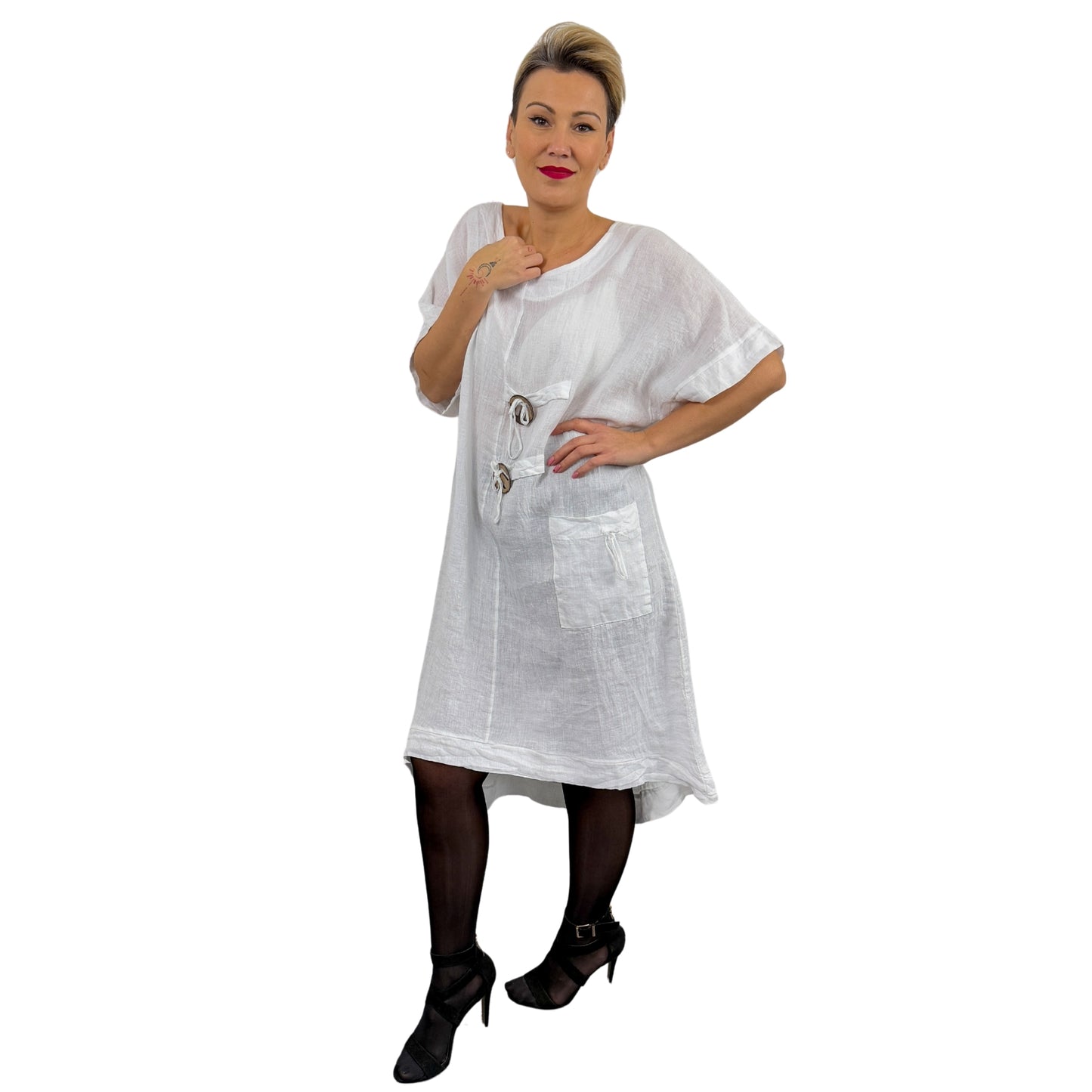 Rochie albă de in cu doi nasturi -k1