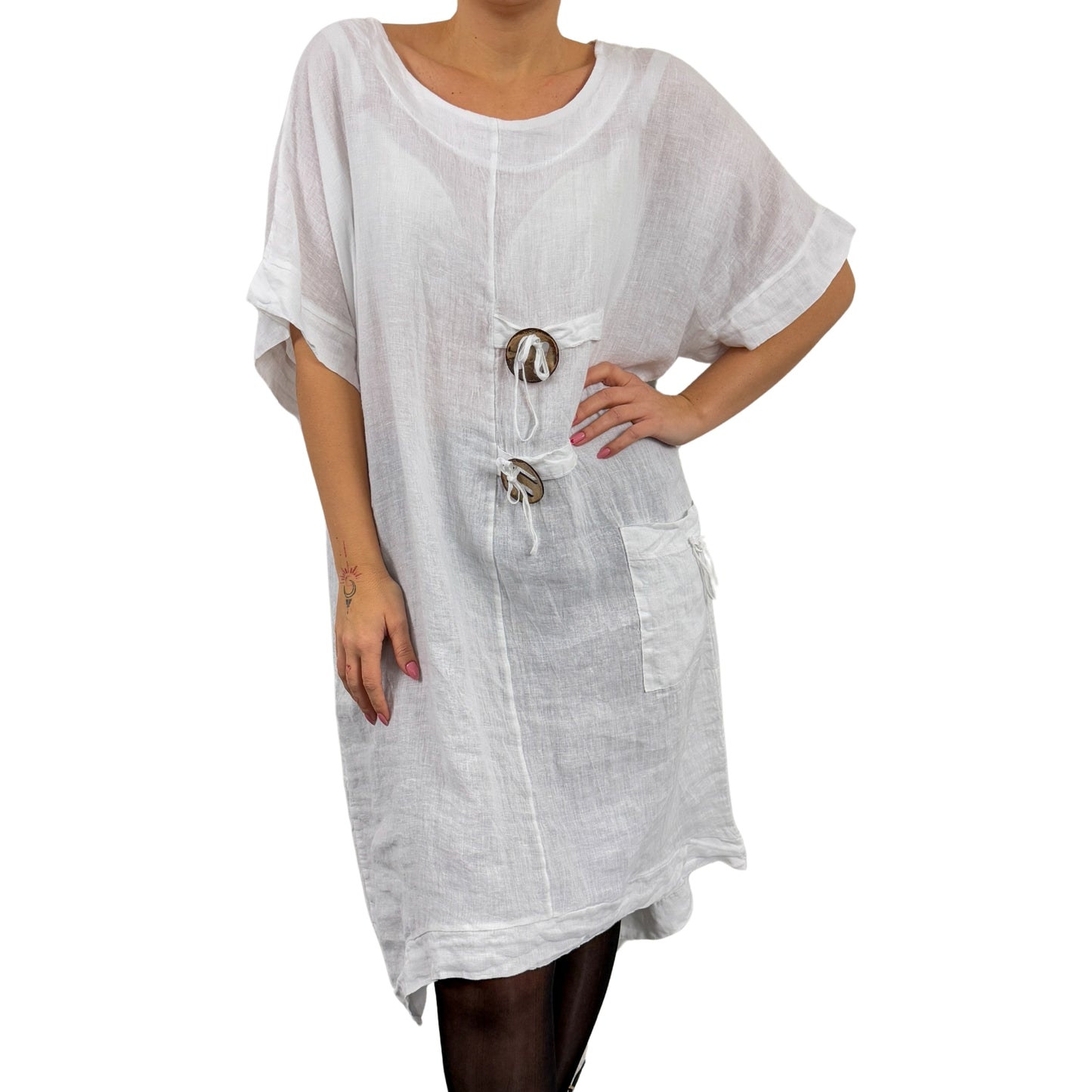 Rochie albă de in cu doi nasturi -k1