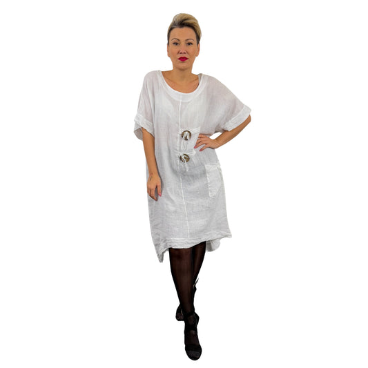 Rochie albă de in cu doi nasturi -k1