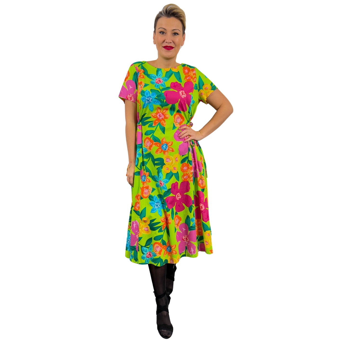 Rochie verde lime cu flori roz -k1