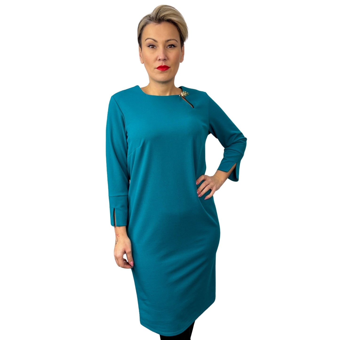 Rochie dreaptă turcoaz cu broșă -k1
