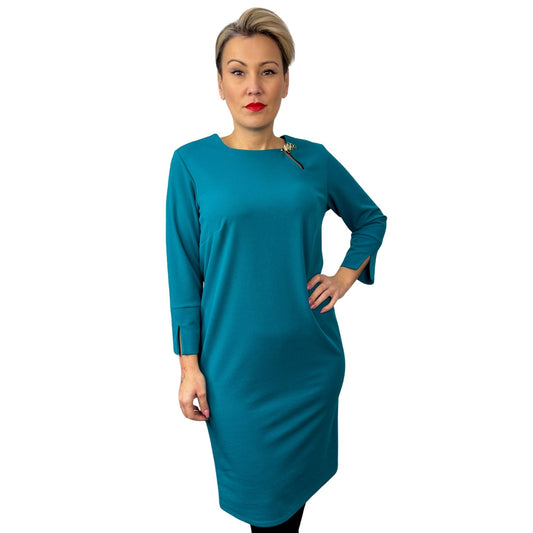 Rochie dreaptă turcoaz cu broșă -k1