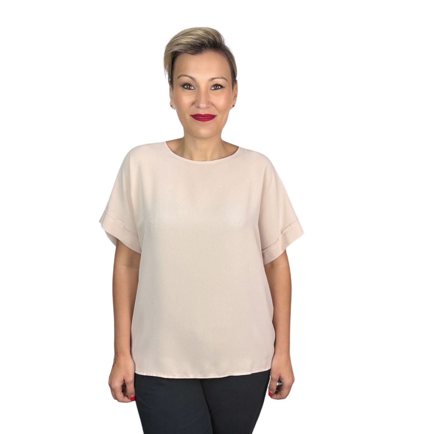 Top bej cu guler rotund -k1