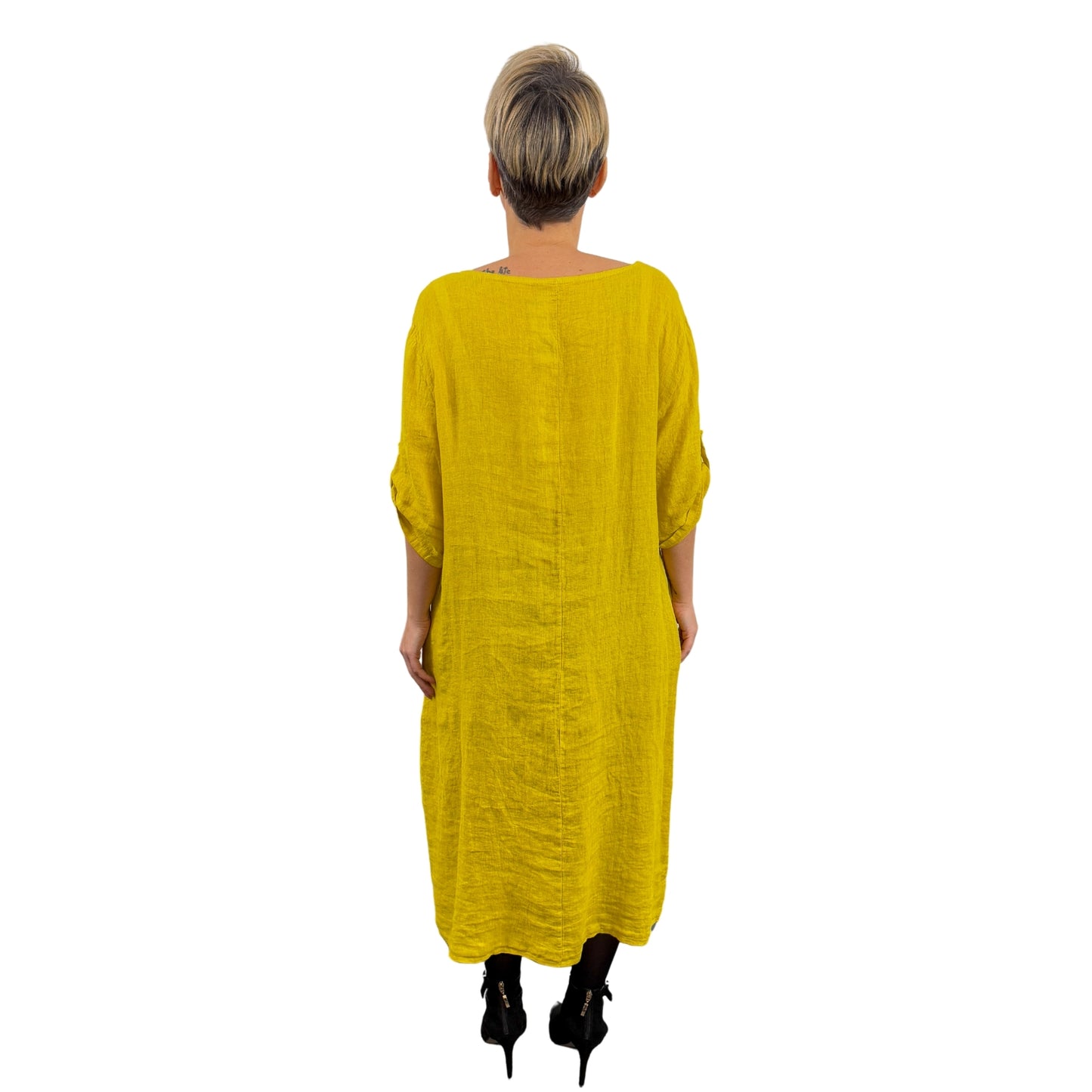 Rochie galbenă de in cu flori -k1