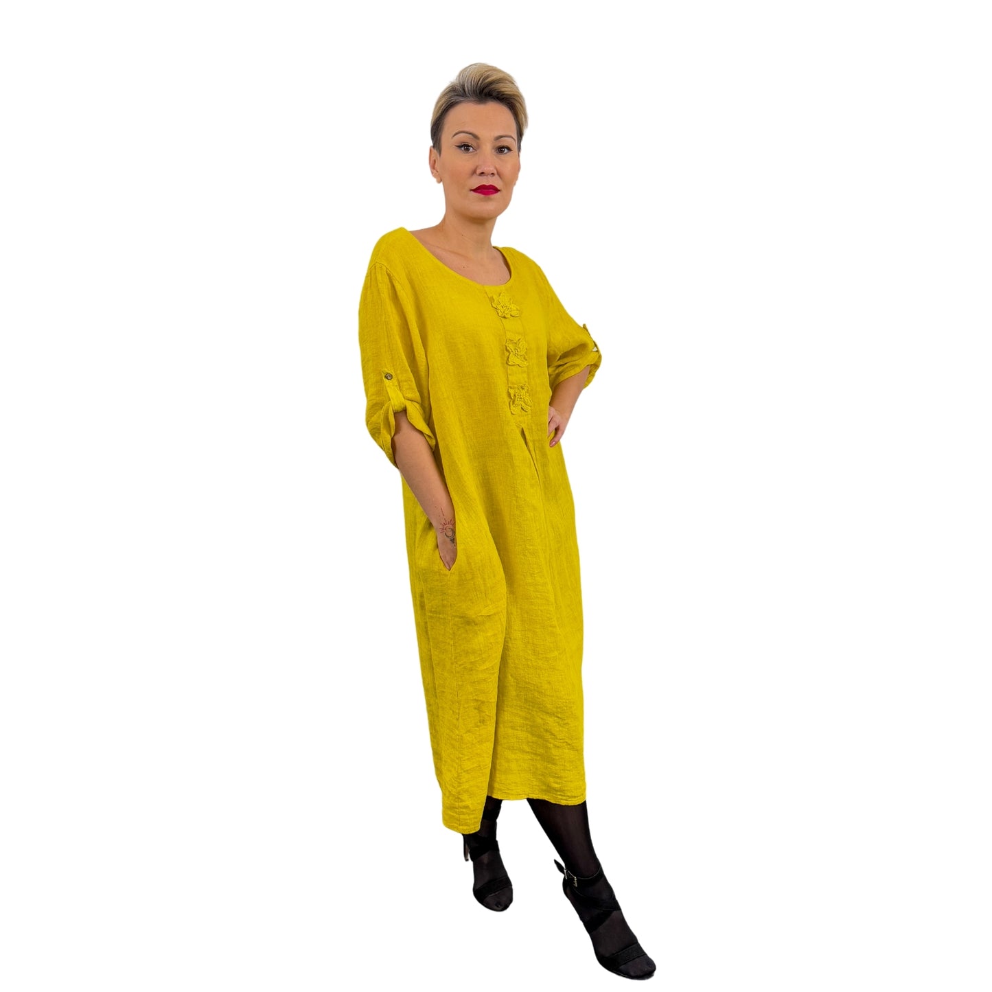 Rochie galbenă de in cu flori -k1