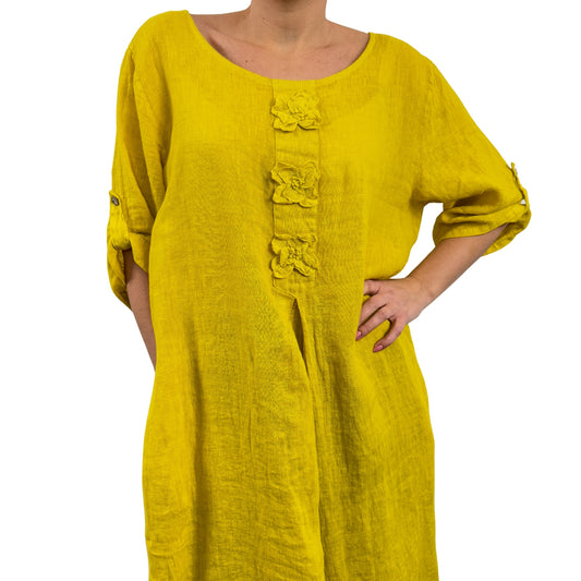 Rochie galbenă de in cu flori -k1