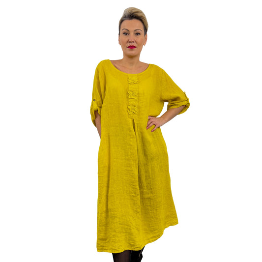 Rochie galbenă de in cu flori -k1