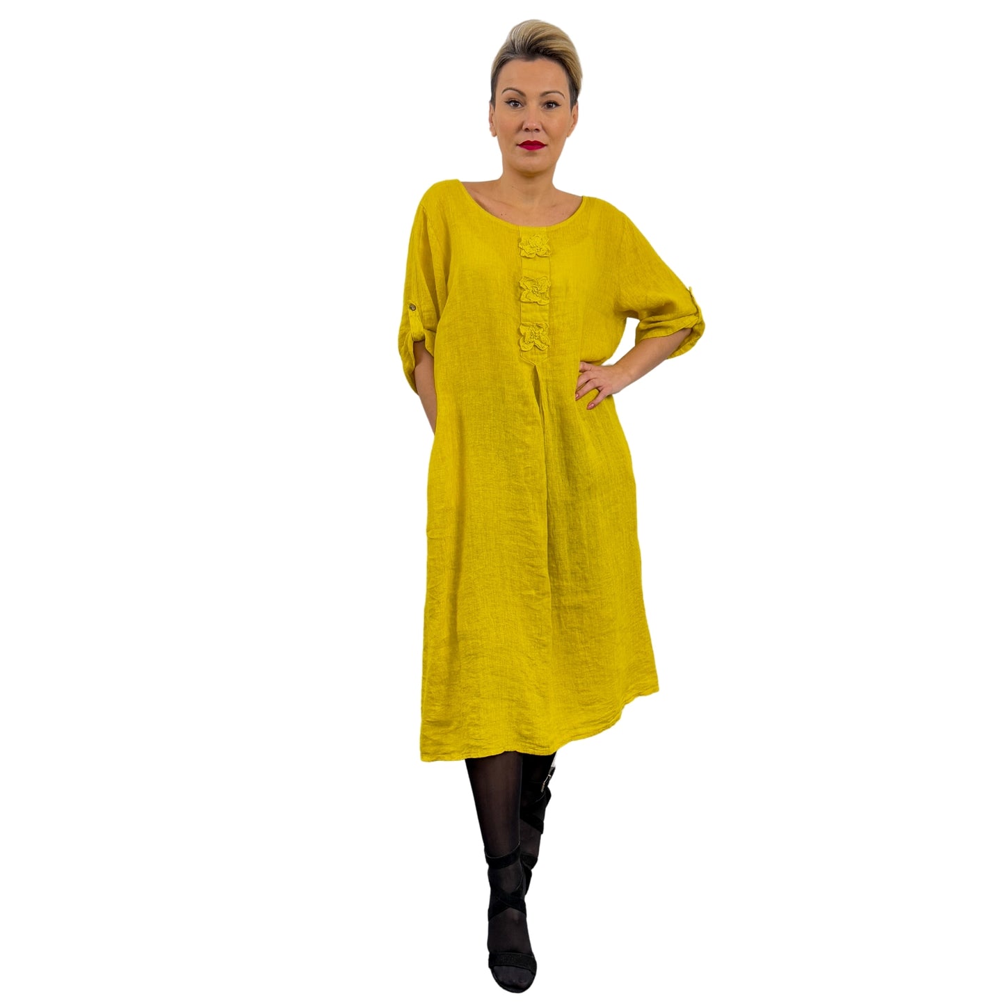 Rochie galbenă de in cu flori -k1