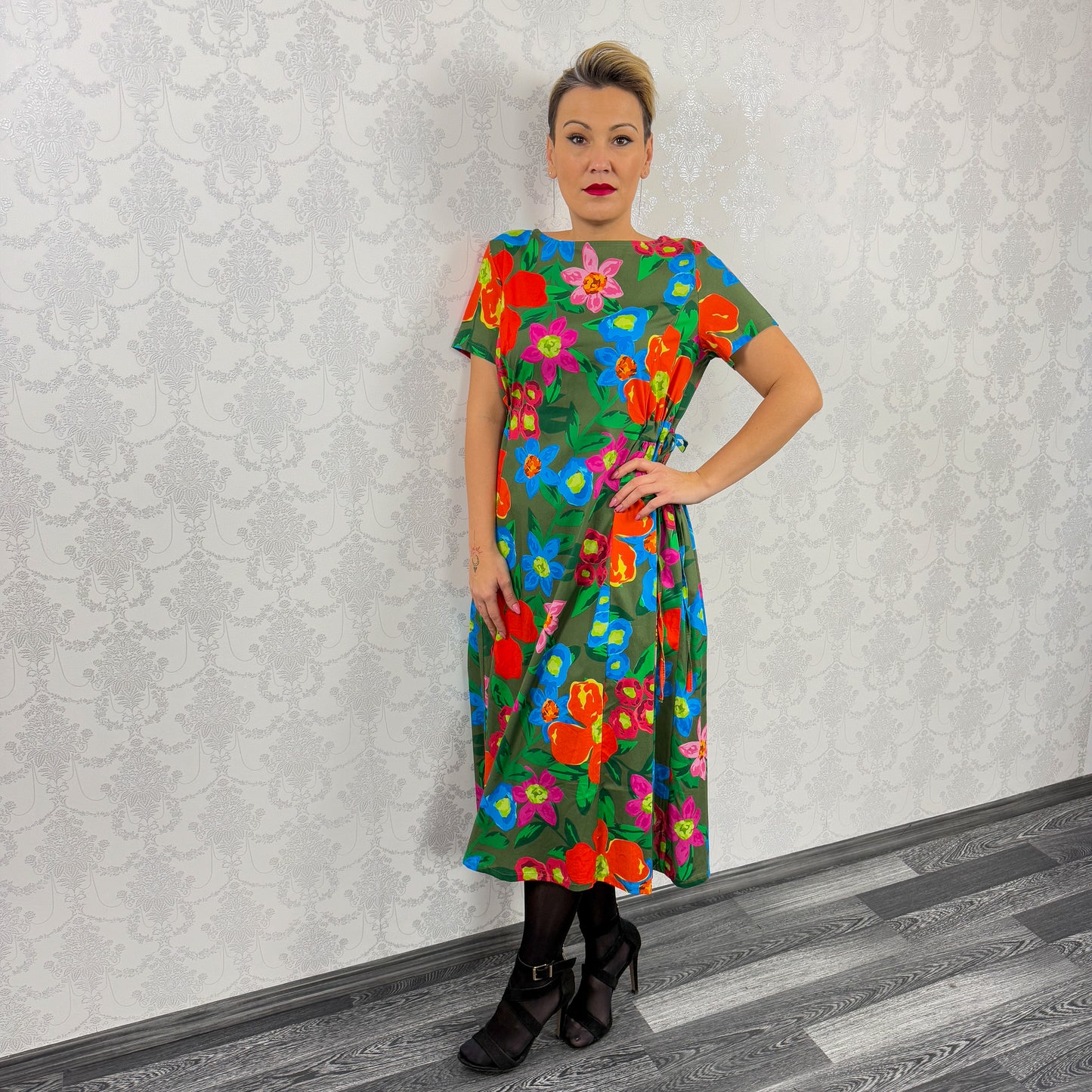 Rochie kaki cu flori portocalii -k1