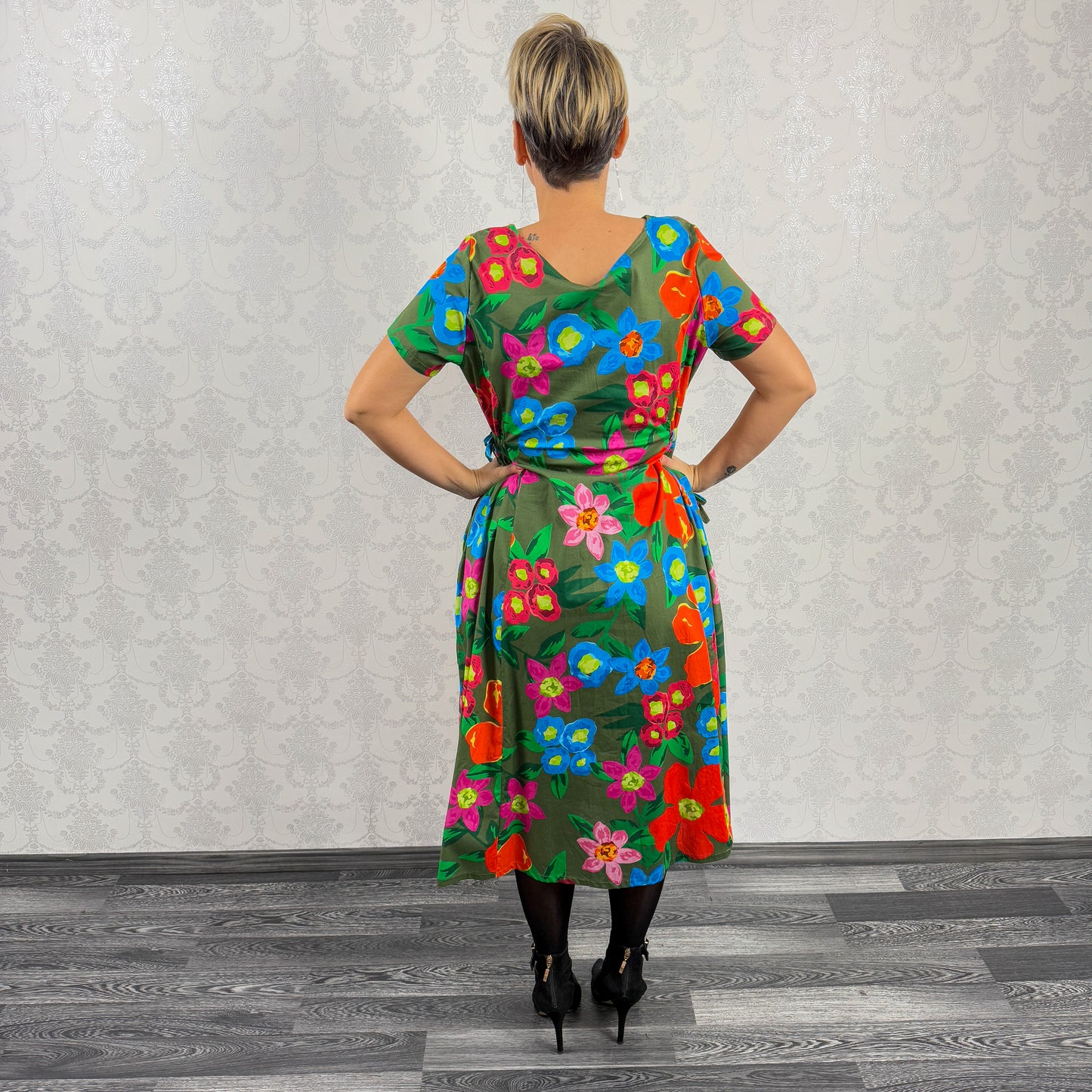 Rochie kaki cu flori portocalii -k1
