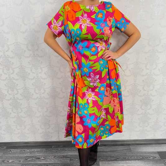 Rochie roz cu flori albastre -k1