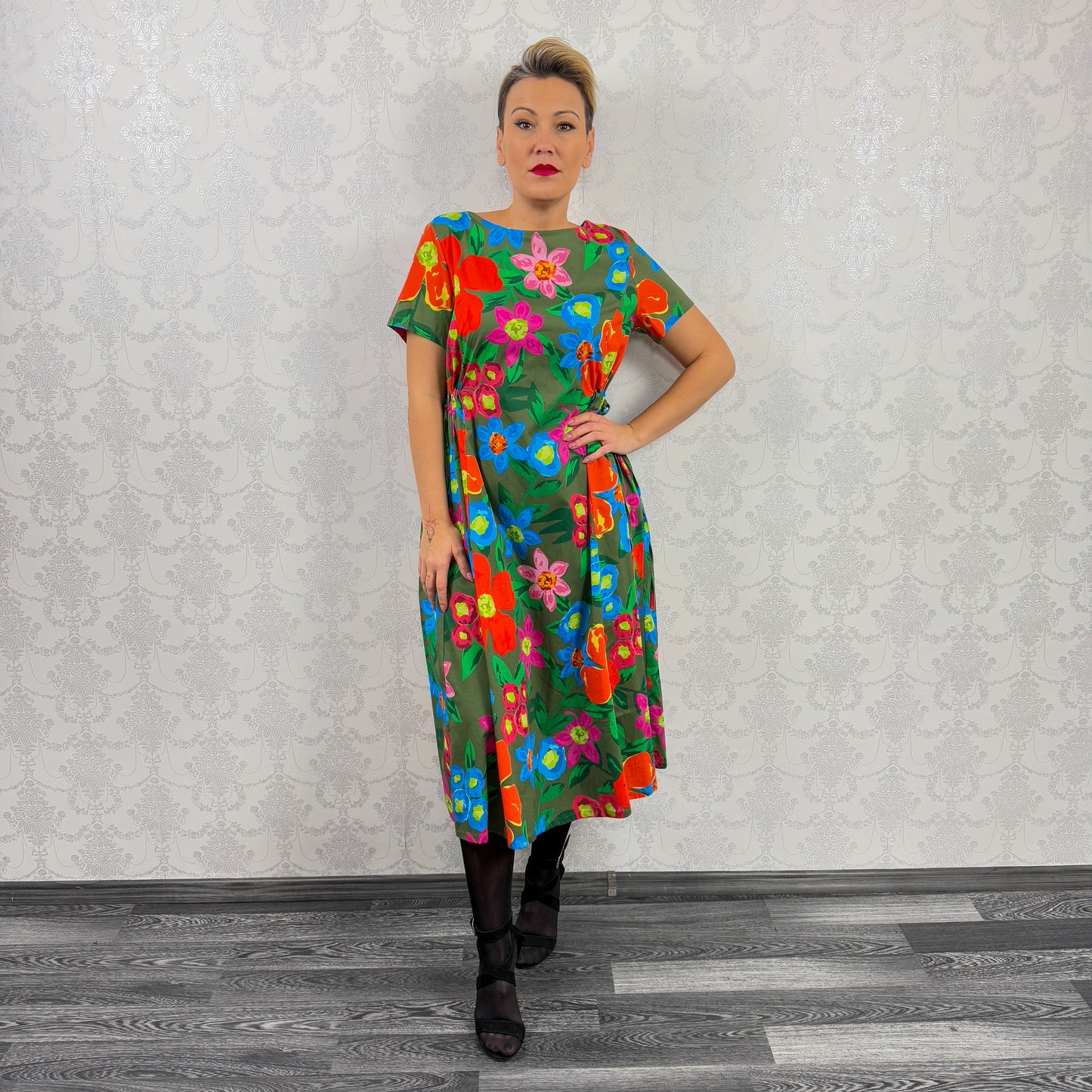 Rochie kaki cu flori portocalii -k1
