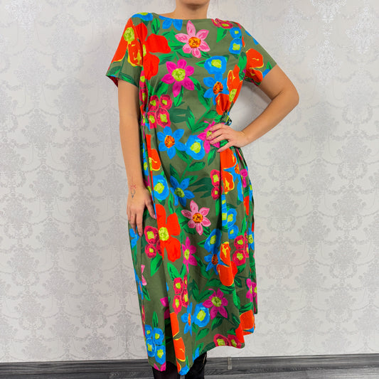 Rochie kaki cu flori portocalii -k1